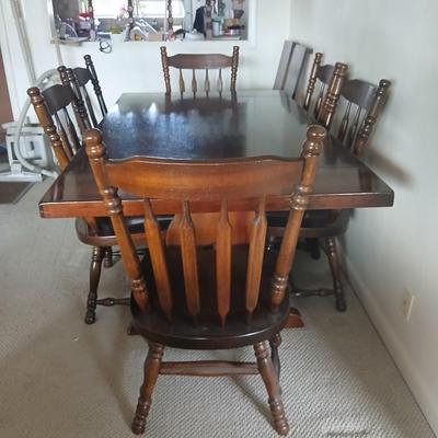 Solid Wood Dining Table with 8 Matching Spindle-Back Chairs and two leaves