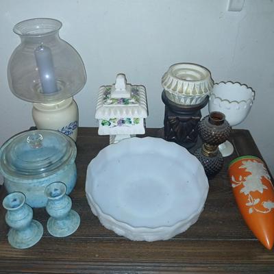 Mixed Lot of Decorative Vintage and Art Glass - FireKing large milk glass dish
