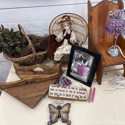 Basket, shelves, doll, chairs, and more