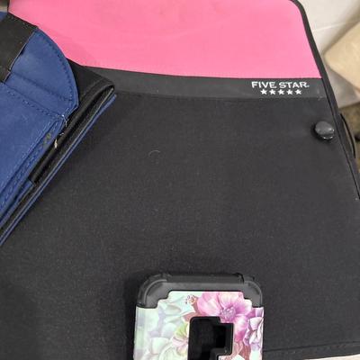 Make up mirror, notebook, bags, and pens, pencils