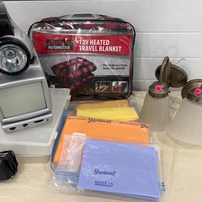 Travel radio/TV, heated blanket, Shamwow, and sconces