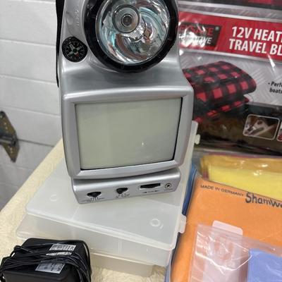 Travel radio/TV, heated blanket, Shamwow, and sconces