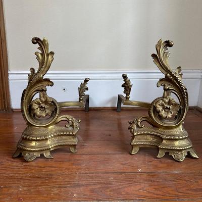 Vintage French Solid Brass Fireplace Andirons