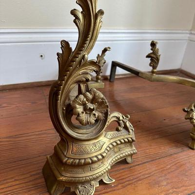 Vintage French Solid Brass Fireplace Andirons