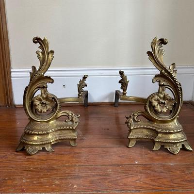 Vintage French Solid Brass Fireplace Andirons