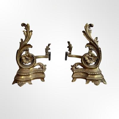 Vintage French Solid Brass Fireplace Andirons