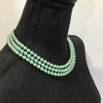 Vintage, trio lime satin colored beaded necklace,