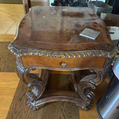 Sale Photo Thumbnail #199: #3408 • 2 Wooden End Tables and Glass Top Coffee Table
