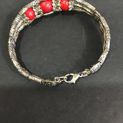 SilverTone bracelet with red polished stone type beads