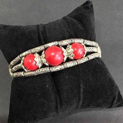 SilverTone bracelet with red polished stone type beads