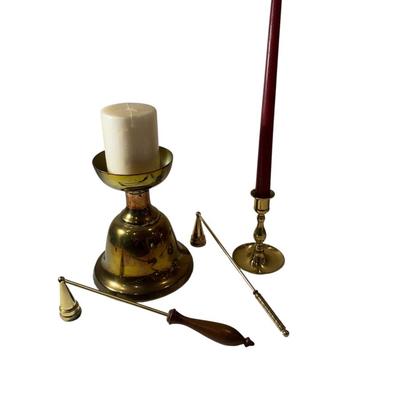 Brass candle holders and snuffera