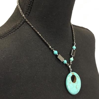 Cute boHo southwest style black hematite and faux turquoise stone necklace