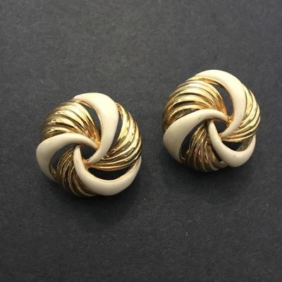 Vintage, gold, toned cream, enameled stud earrings