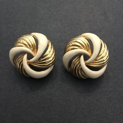 Vintage, gold, toned cream, enameled stud earrings