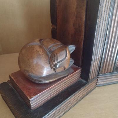 Wood Carved Sleeping Cat Bookends