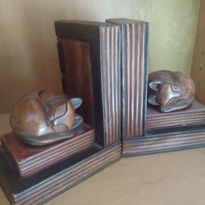 Wood Carved Sleeping Cat Bookends