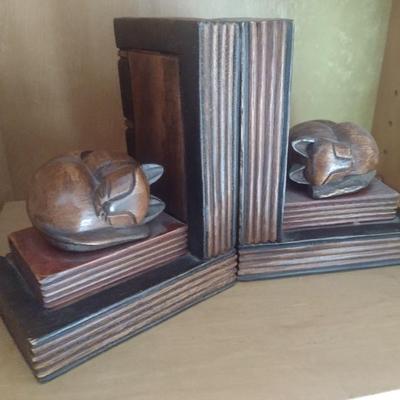 Wood Carved Sleeping Cat Bookends
