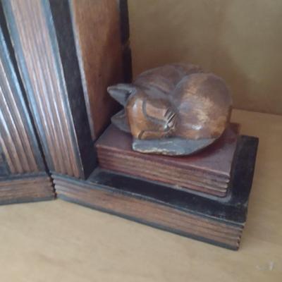 Wood Carved Sleeping Cat Bookends