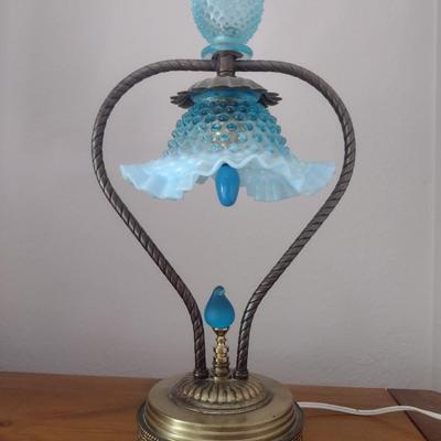 Rare Fenton Blue Hobnail Glass Shade Lamp with Brass Base