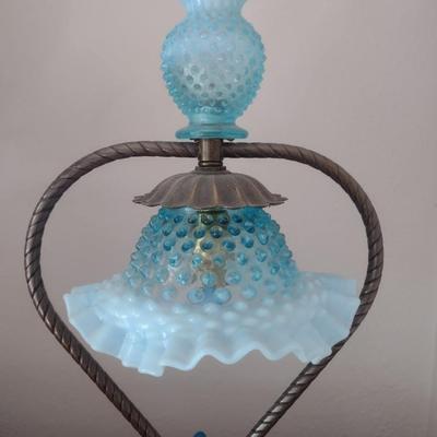 Rare Fenton Blue Hobnail Glass Shade Lamp with Brass Base