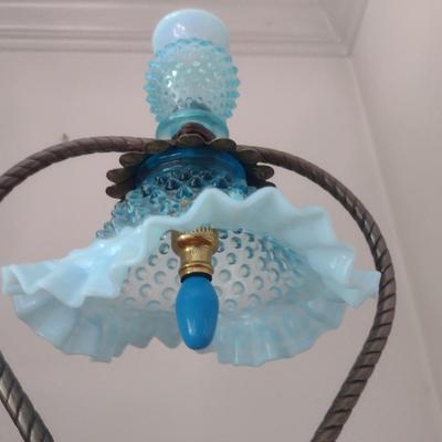 Rare Fenton Blue Hobnail Glass Shade Lamp with Brass Base