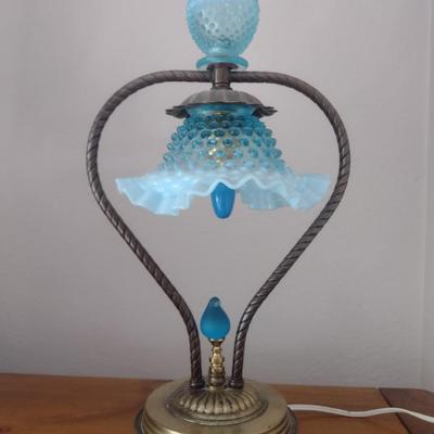 Rare Fenton Blue Hobnail Glass Shade Lamp with Brass Base