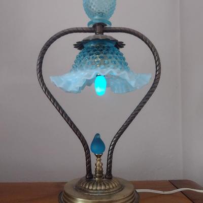 Rare Fenton Blue Hobnail Glass Shade Lamp with Brass Base