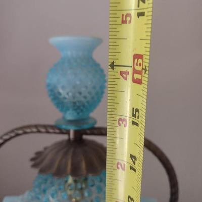 Rare Fenton Blue Hobnail Glass Shade Lamp with Brass Base