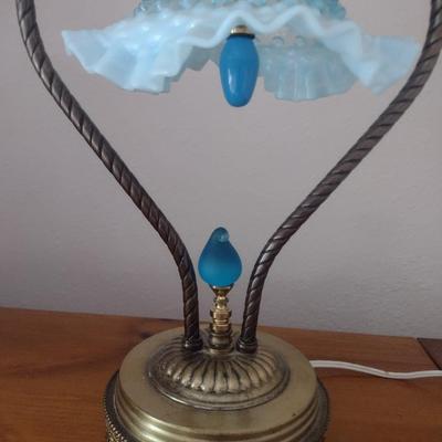 Rare Fenton Blue Hobnail Glass Shade Lamp with Brass Base