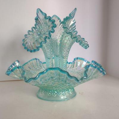 Vintage Fenton Opalescence Hobnail Glass Three Horn Epergne