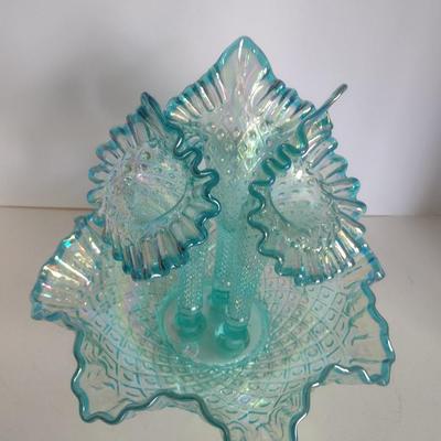 Vintage Fenton Opalescence Hobnail Glass Three Horn Epergne