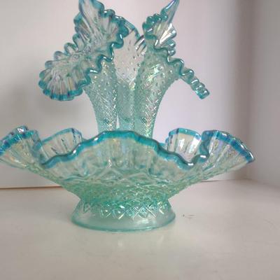 Vintage Fenton Opalescence Hobnail Glass Three Horn Epergne
