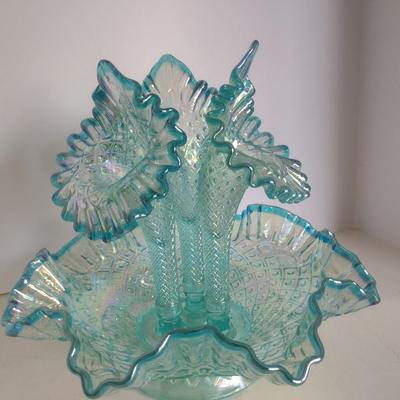 Vintage Fenton Opalescence Hobnail Glass Three Horn Epergne