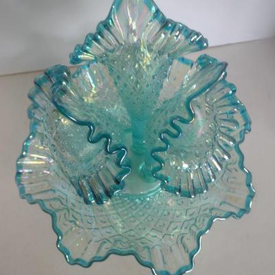 Vintage Fenton Opalescence Hobnail Glass Three Horn Epergne