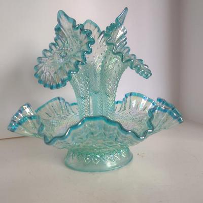 Vintage Fenton Opalescence Hobnail Glass Three Horn Epergne