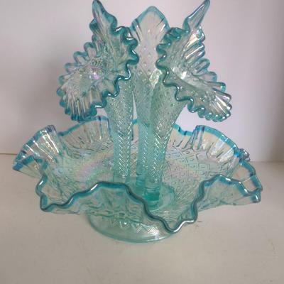 Vintage Fenton Opalescence Hobnail Glass Three Horn Epergne