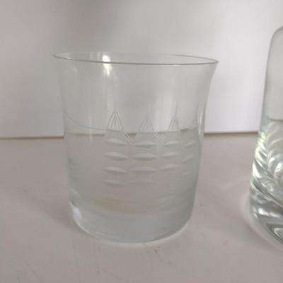 Vintage Glass Decanter with Etched Ship and Two Matching Tumblers
