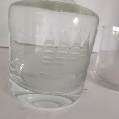 Vintage Glass Decanter with Etched Ship and Two Matching Tumblers