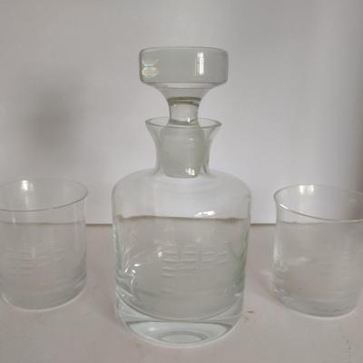 Vintage Glass Decanter with Etched Ship and Two Matching Tumblers
