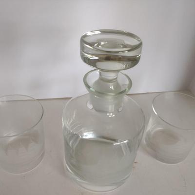 Vintage Glass Decanter with Etched Ship and Two Matching Tumblers