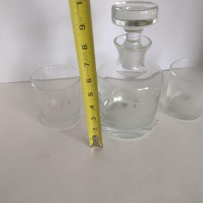 Vintage Glass Decanter with Etched Ship and Two Matching Tumblers