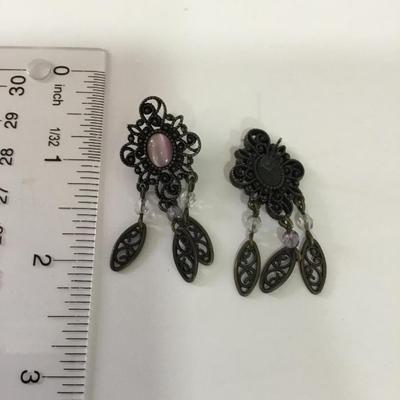 Cute, antique bronze, toned earrings with pink stone