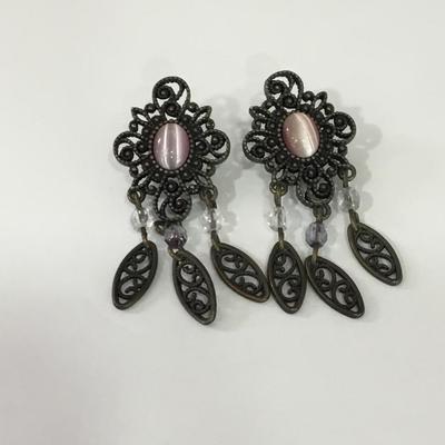 Cute, antique bronze, toned earrings with pink stone