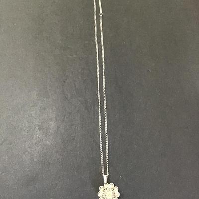 Silver tone, Sarah Coventry chain with flower rhinestone pendant