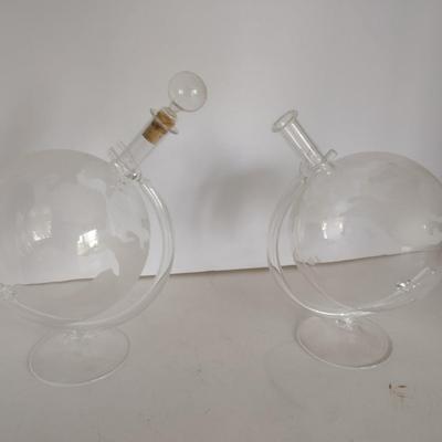 Pair of Etched Glass Globe Wine Decanters