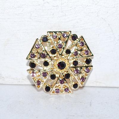 Six Triangles of Dark and Light Colored Purple Stones BROOCH (1¼" Diam.) on a Gold Tone Setting