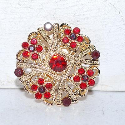 RED & PURPLE 6 Stone Flowers BROOCH (1¼" Diam.) with a Swirl Web Grid on a Gold Tone Setting