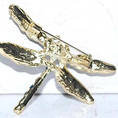 BLUE, GREEN & WHITE Enameled DRAGONFLY BROOCH (1¾" x 1½") on a Gold Tone Setting