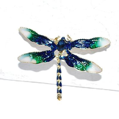 BLUE, GREEN & WHITE Enameled DRAGONFLY BROOCH (1¾" x 1½") on a Gold Tone Setting