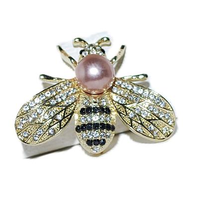 Faux PINK PEARL BUMBLEBEE BROOCH (1½" x 1¼") with Glitter Stone Wings and Black Stones Body Stripes on a Gold Tone Setting